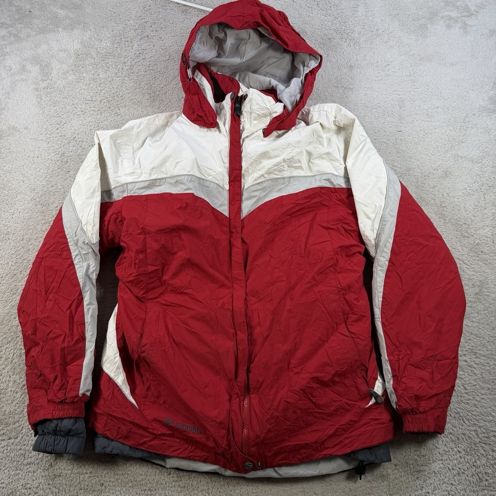Columbia Jacket Womens Large Red White Hooded Interchange 3 in 1 Quilted Lined
